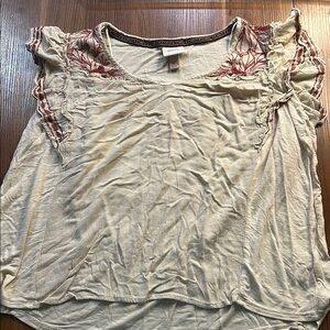 Knox Rose Cream and Red Stitched Design Cap Sleeve Blouse